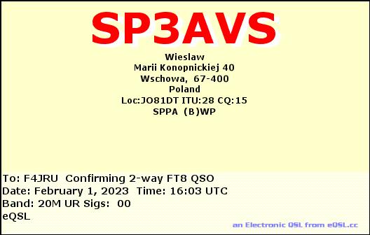 F4JRU_SP3AVS_20M_FT8_20230201_1603